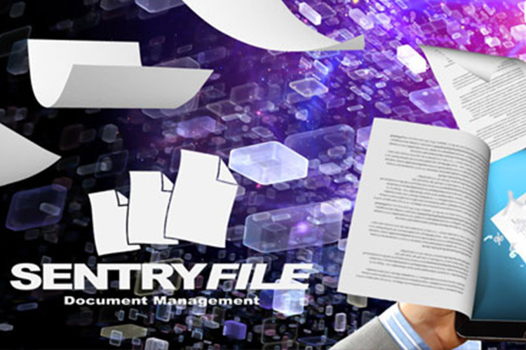 Sentry file logo on top of an image representing multiple documents flying with a colorful background.