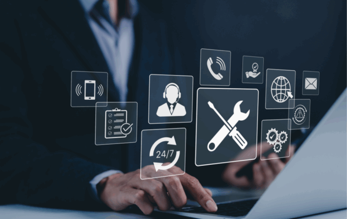 Conceptual image of IT Support services with an employee behind a laptop and icons of support services.