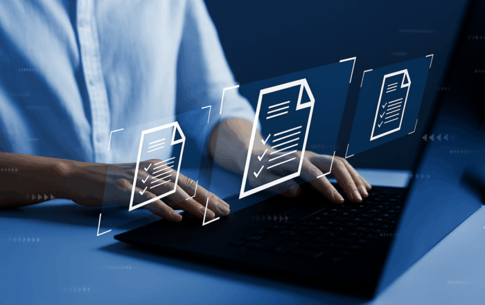 A person typing on a laptop with three floating digital document icons above the screen, representing a secure and efficient digital document management system.