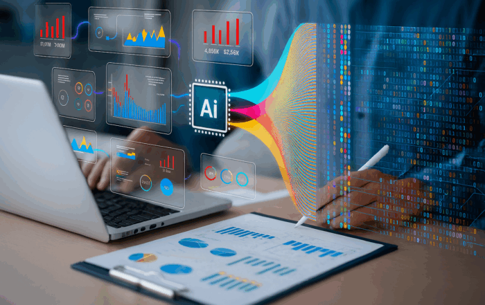 A person working on a laptop with various data analytics and artificial intelligence (AI) visualizations displayed as holograms.