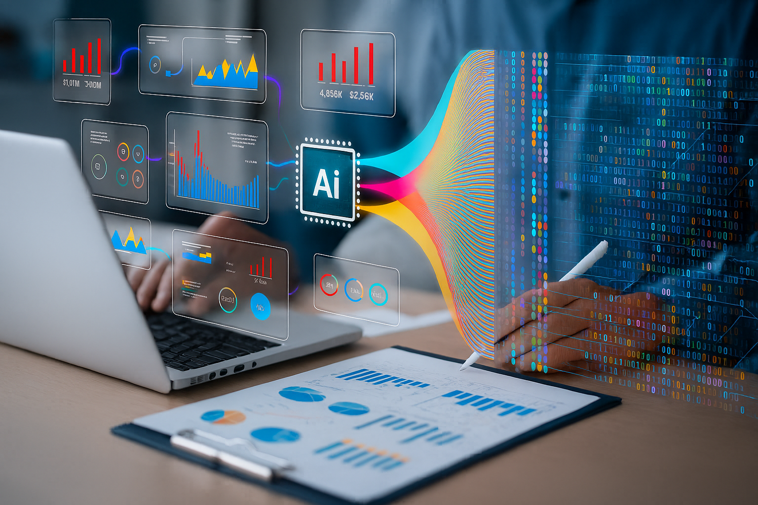A person working on a laptop with various data analytics and artificial intelligence (AI) visualizations displayed as holograms.