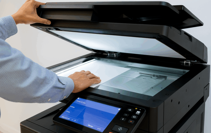 Office employee using a photocopier for document scanning and printing, showing open lid and control panel.