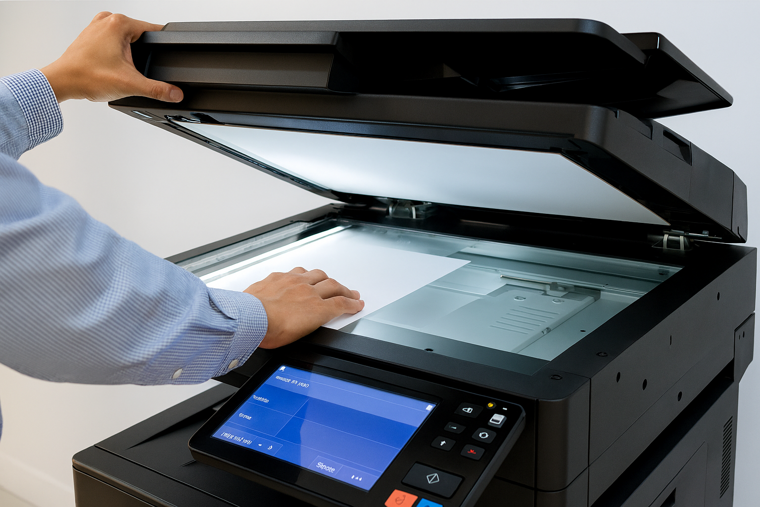 Office employee using a photocopier for document scanning and printing, showing open lid and control panel.