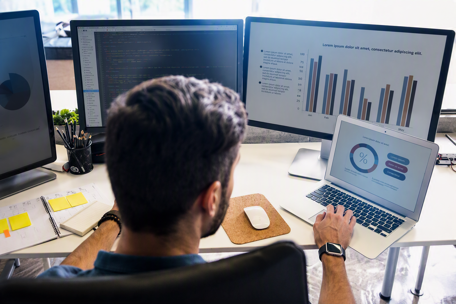 IT professional monitoring business performance dashboards and network analytics on multiple screens as part of managed IT services from Duplicator Sales & Service in Kentucky.