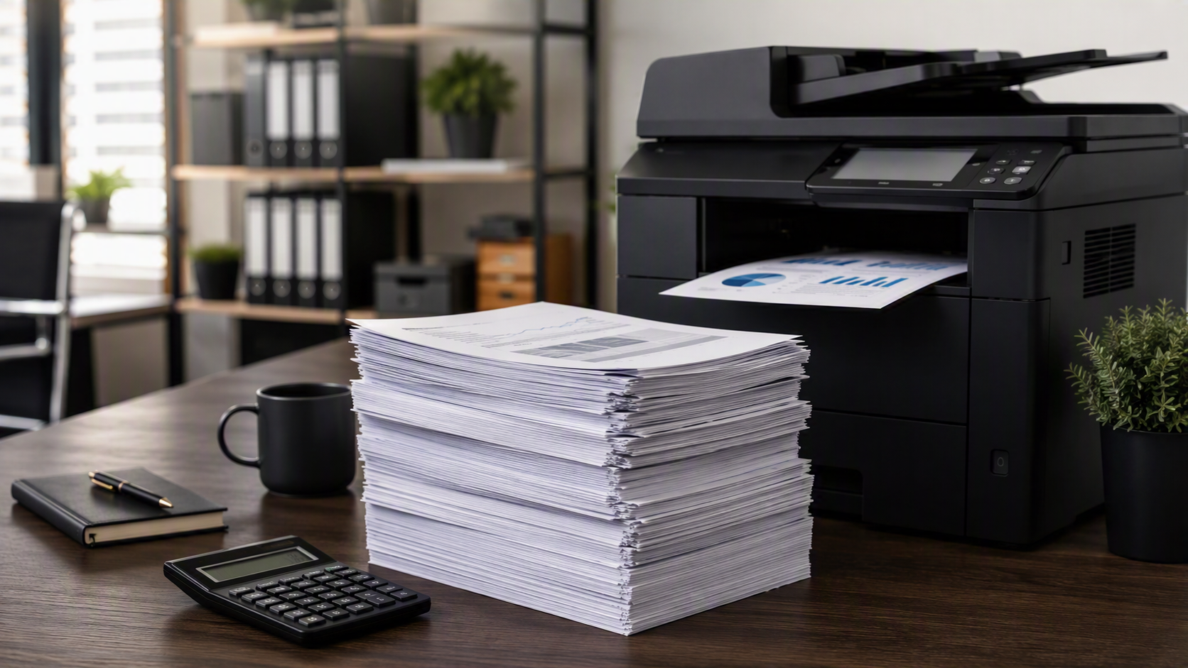 Modern office multifunction printer beside a large stack of printed business reports with a calculator, notebook, pen, and coffee mug on a desk, illustrating the hidden cost per page of business printing.