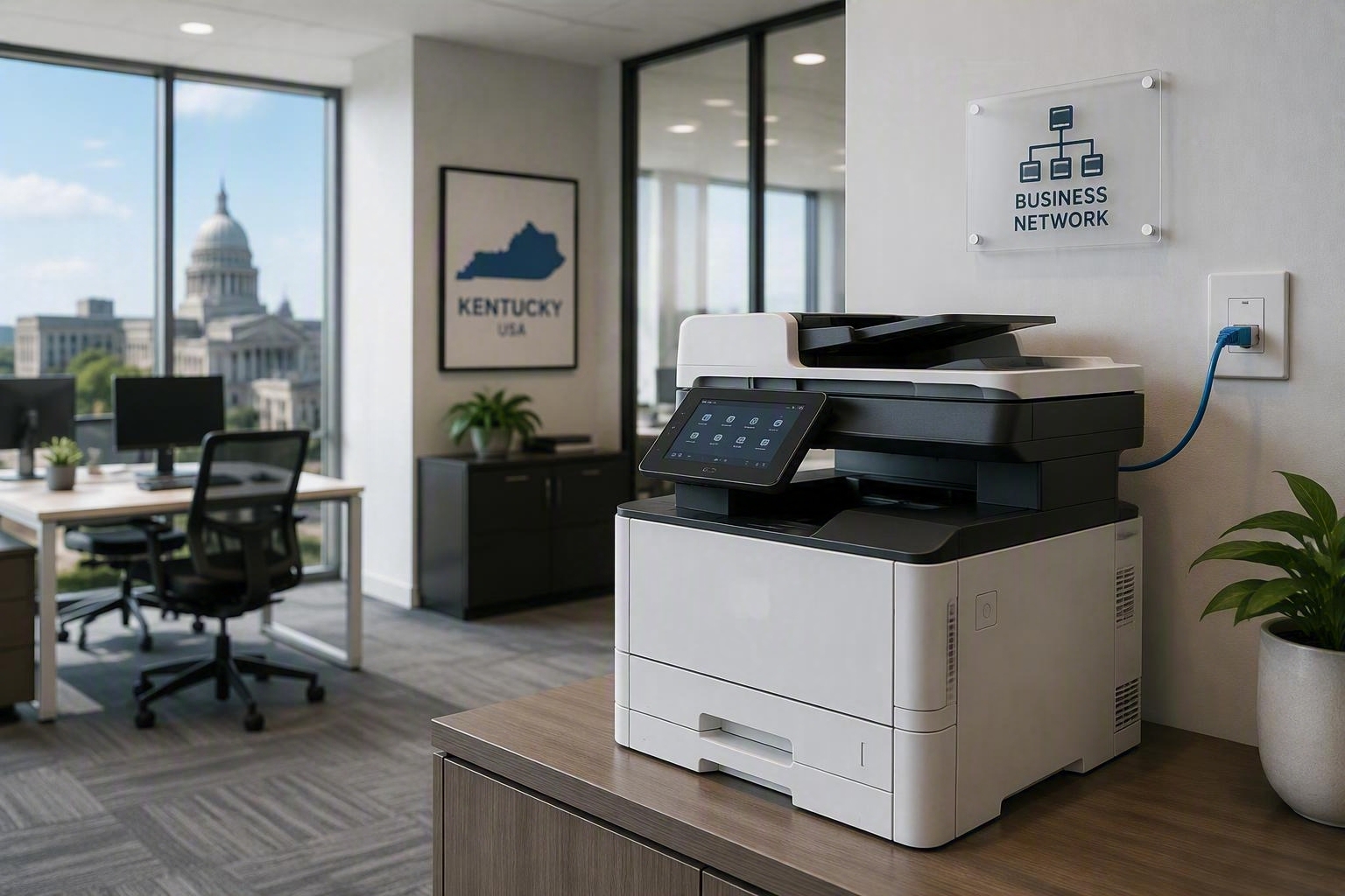 Office printer connected to a secure business network in a Kentucky office environment.
