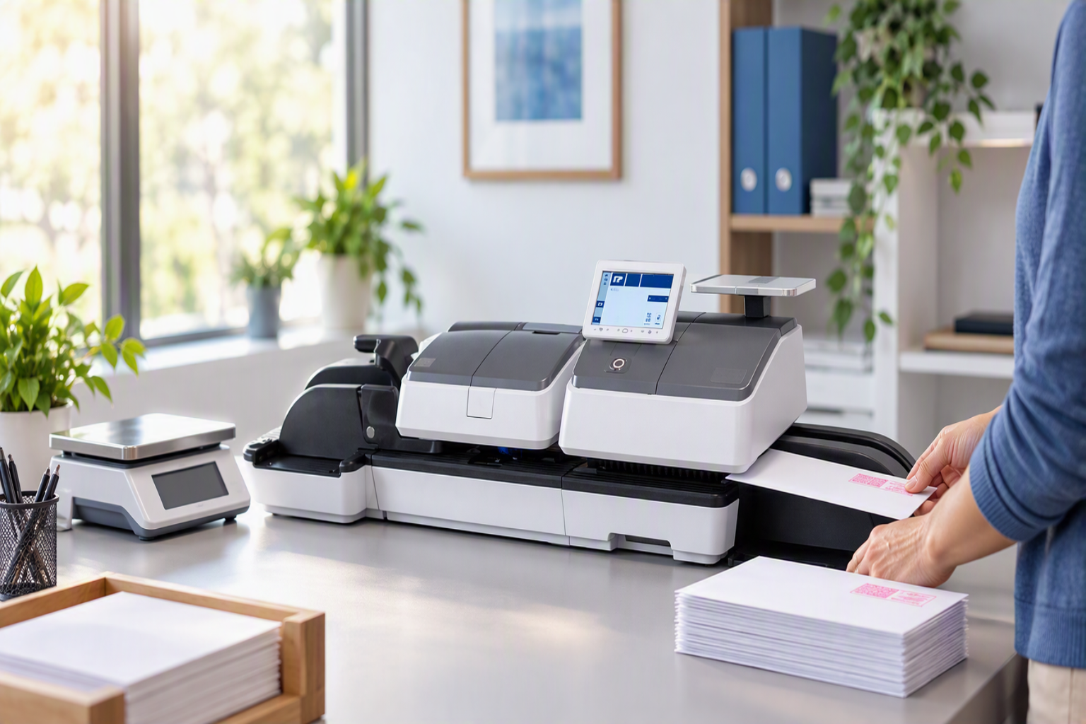 Office postage meter processing a stack of business envelopes beside a digital mailing scale