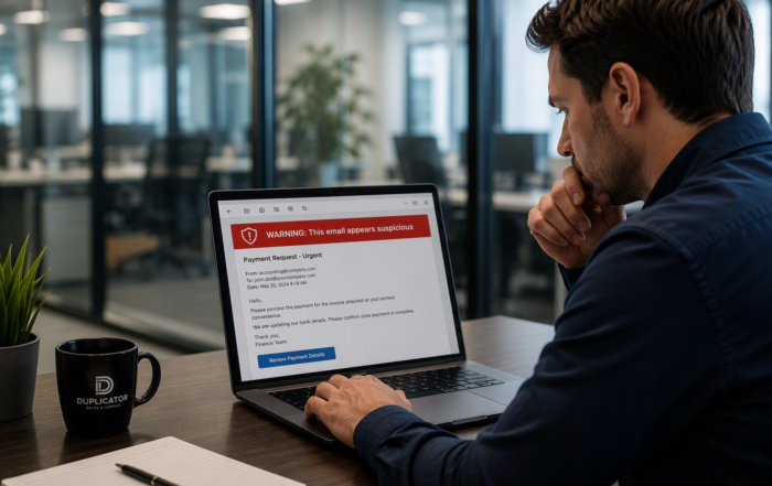 Office employee reviewing a suspicious payment request email on a laptop to identify potential phishing and payment fraud risks.