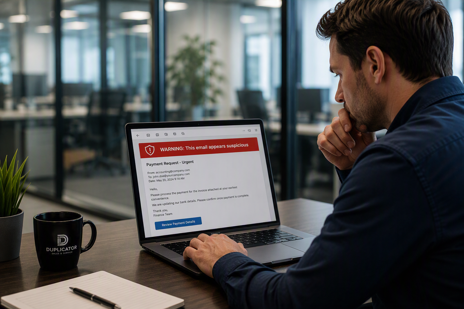 Office employee reviewing a suspicious payment request email on a laptop to identify potential phishing and payment fraud risks.
